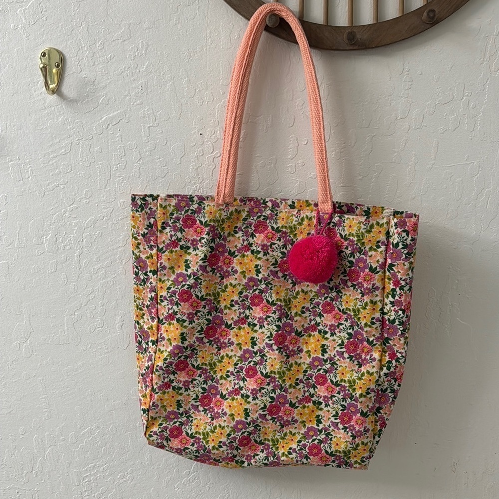 Eccolo Bright Pink Reusable Floral Canvas Tote Yellow Green Purple